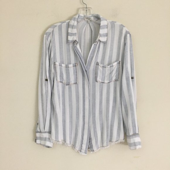 Umgee Tops - UMGEE Relaxed Light Weight Shirt Gray White Striped Button Down Roll Up Sleeves